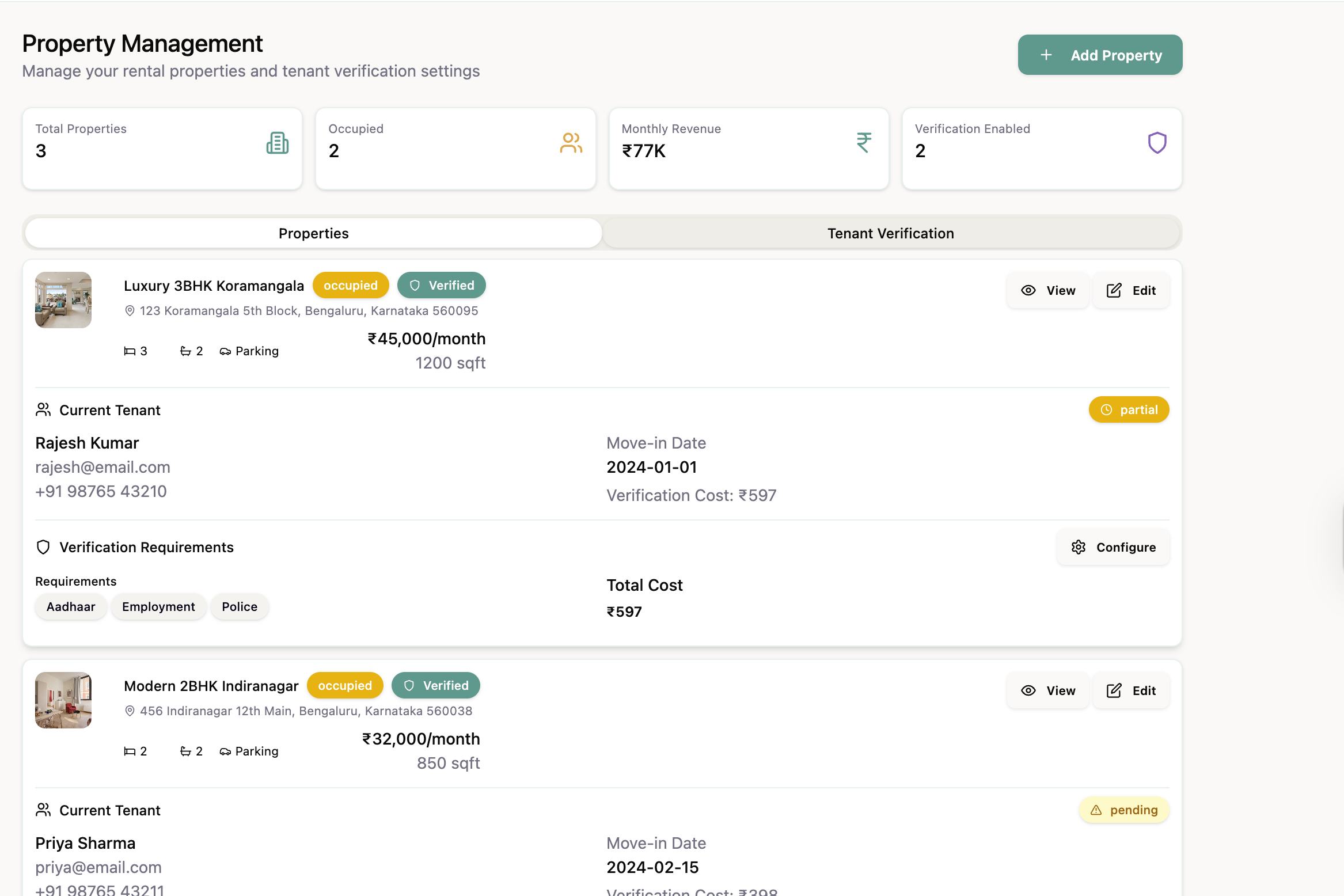 Properties Management Dashboard - Live ₹73K Total Rent Tracking